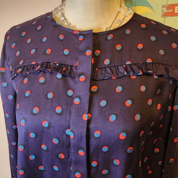 Boden NWOT dark blue silk viscose polka dot blouse ruffles 8 - Picture 3 of 9